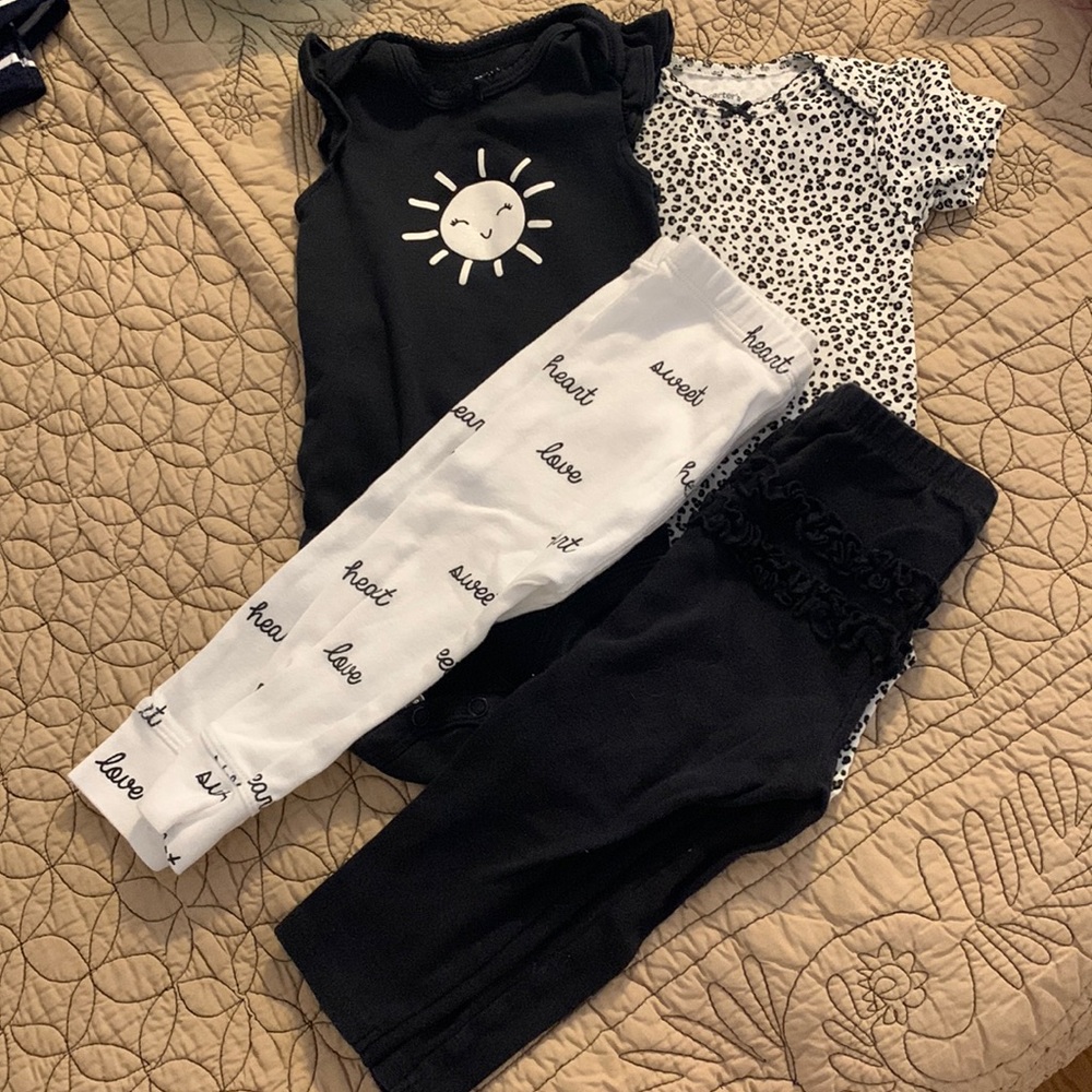 2 carters sets- flutter tank+pants, animal print onesie+black ruffle bottom 12M